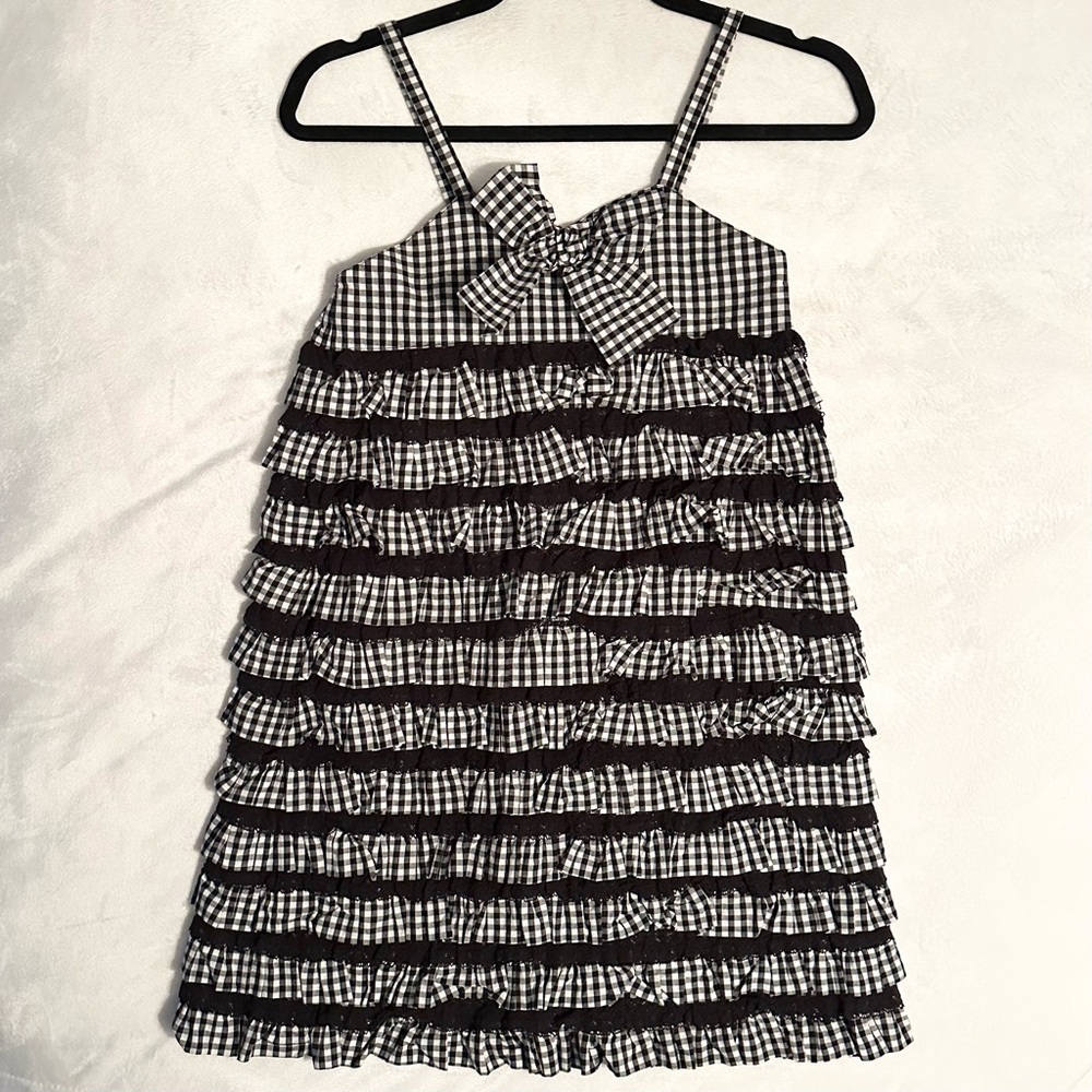 Lili Gaufrette Black White Gingham Ruffle Dress 12 Girls Sleeveless Bow France